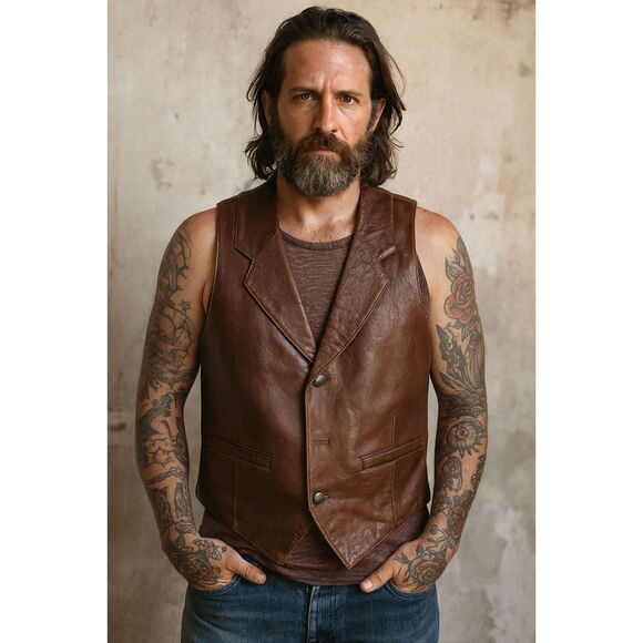 Vintage Villa Classico Brown Leather Button Up Vest Tank  Mens Size XL - Picture 1 of 9